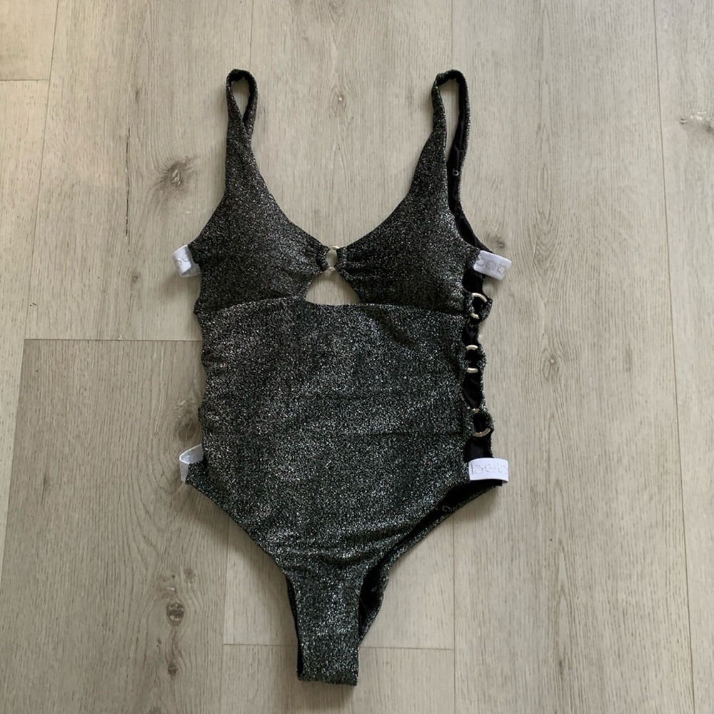 bebe Glitter Black One-Piece Swimsuit with Side Ring Detail